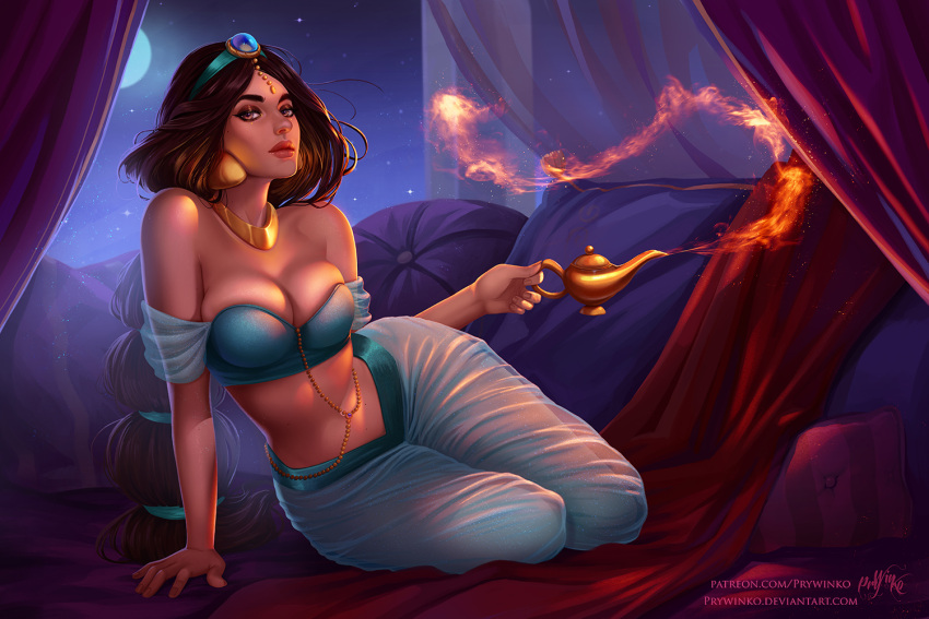 1girl aladdin_(disney) arabian_clothes black_hair breasts cleavage deviantart_username disney holding_lamp indoors jasmine_(disney) long_hair looking_at_viewer night oil_lamp patreon_username pillow princess prywinko red_curtains signature solo very_long_hair