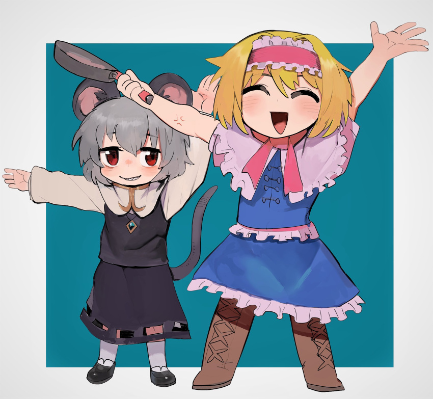 2girls ^_^ alice_margatroid anger_vein animal_ears bangs black_footwear blonde_hair blue_dress blush boots brown_footwear capelet closed_eyes cookie_(touhou) dress frilled_capelet frilled_dress frilled_hairband frilled_sash frills frying_pan full_body grey_hair grey_skirt grey_vest grin hairband highres holding holding_frying_pan ichigo_(cookie) layered_clothes long_sleeves looking_at_viewer mouse_ears mouse_girl mouse_tail multiple_girls nazrin nyon_(cookie) open_mouth pink_hairband pink_sash pink_scarf raichiyo red_eyes red_hairband sash scarf shirt shoes short_hair sitting skirt skirt_set smile socks tail touhou vest white_capelet white_legwear white_shirt