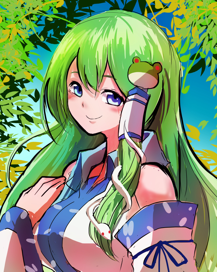 1girl absurdres bangs blue_eyes blush breasts closed_mouth collared_shirt commentary_request detached_sleeves frog_hair_ornament green_hair hair_between_eyes hair_ornament hair_tubes highres jonasan_(bad-t) kochiya_sanae large_breasts long_hair looking_at_viewer one-hour_drawing_challenge shirt single_sidelock sleeveless sleeveless_shirt smile snake_hair_ornament solo touhou tree upper_body white_shirt white_sleeves