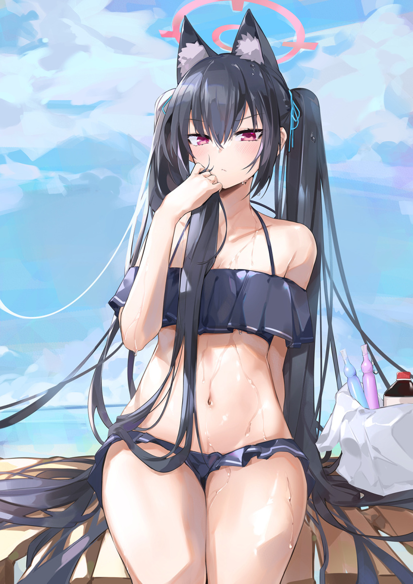 1girl animal_ear_fluff animal_ears bare_shoulders bikini black_bikini black_hair blue_archive closed_mouth dema_hmw extra_ears frilled_bikini frills frown hair_ribbon halo halterneck hand_up highres holding holding_hair long_hair looking_at_viewer midriff navel off_shoulder red_eyes ribbon serika_(blue_archive) serika_(swimsuit)_(blue_archive) sitting solo spaghetti_strap stomach swimsuit thighs tupet twintails v-shaped_eyebrows very_long_hair wet