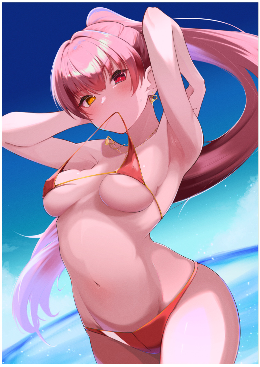 1girl absurdres arm_behind_head armpits arms_up bikini blue_sky blush breasts cleavage dangle_earrings ear_piercing earrings heterochromia high_ponytail highres hololive houshou_marine inuinuo_gataken jewelry long_hair mouth_hold navel ocean piercing ponytail red_bikini red_eyes red_hair red_swimsuit shaded_face sky small_breasts solo stomach sweat sweatdrop swimsuit underboob virtual_youtuber water yellow_eyes