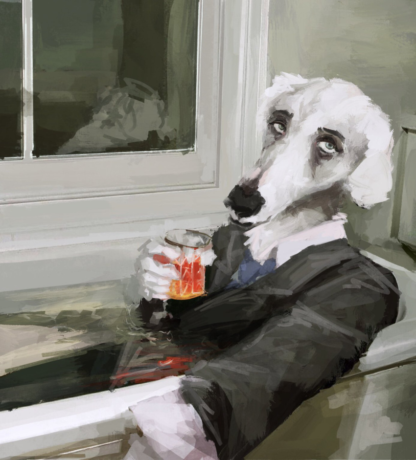 2022 alcohol anon2000000 anthro bath bathtub beverage canid canine canis clothed clothing collared_shirt digital_media_(artwork) digital_painting_(artwork) domestic_dog drinking fully_clothed fur hi_res leaning leaning_back lying male mammal necktie solo suit tired tired_eyes white_body white_fur window