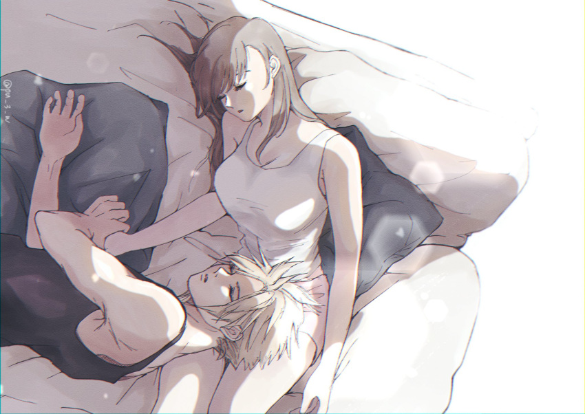 1boy 1girl bangs bare_shoulders blonde_hair breasts brown_hair closed_eyes cloud_strife couch couple cushion final_fantasy final_fantasy_vii highres holding_hands indoors large_breasts long_hair lying on_back on_side pumi shorts sitting sleeping spiked_hair tank_top tifa_lockhart twitter_username