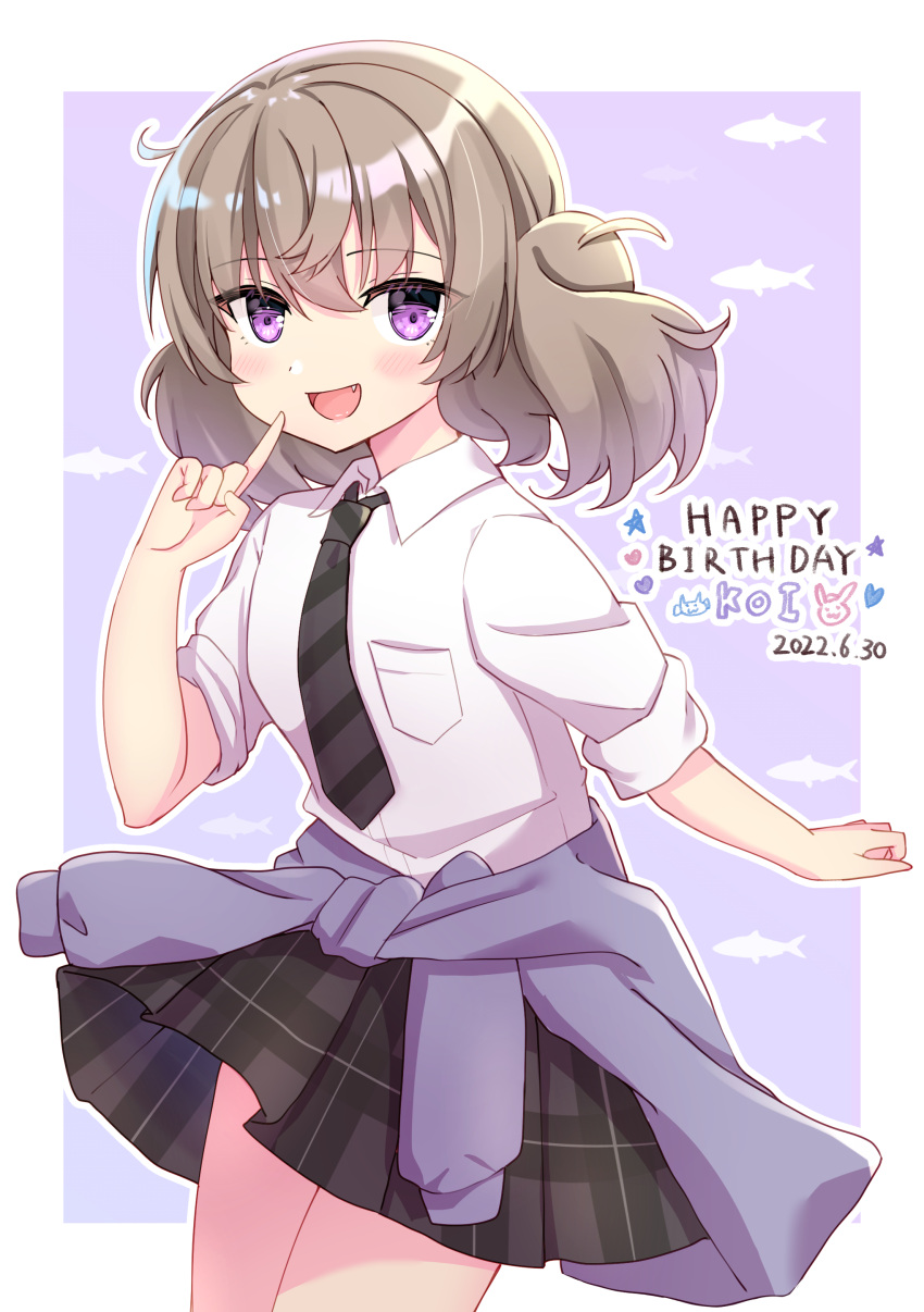 1girl :d absurdres ao_(flowerclasse) bangs blush brown_hair clothes_around_waist collared_shirt commentary_request dated diagonal-striped_necktie dress_shirt fang grey_skirt hair_between_eyes hand_up happy_birthday highres plaid plaid_skirt pleated_skirt purple_background purple_eyes school_uniform shirt short_sleeves skirt slow_loop smile solo standing twintails two-tone_background white_background white_shirt yoshinaga_koi