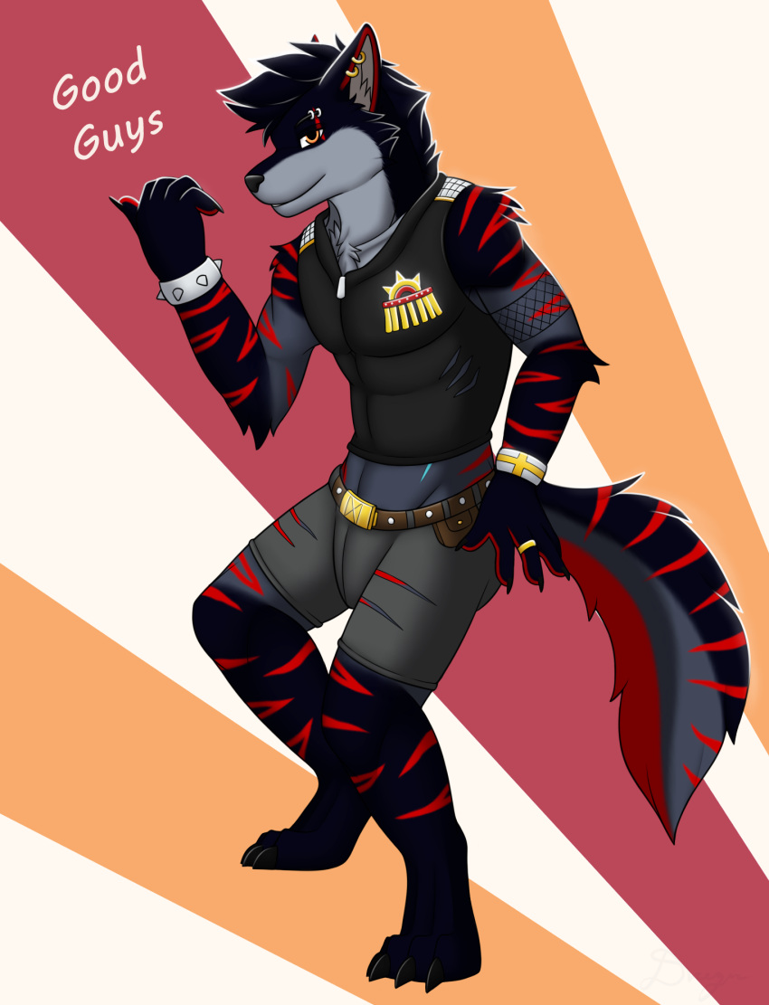 anthro clothing cuffs_(clothing) dregna eyebrow_piercing facial_piercing hi_res hyaenid leather male mammal nikko_(character) piercing punk solo stripes topwear vest