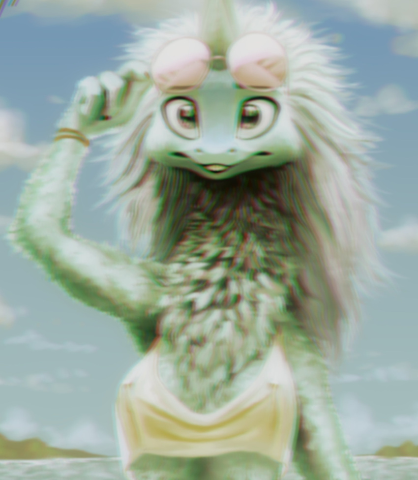 2022 4_fingers aquatic_dragon asian_mythology blue_body blulesnsfw breasts claws clothing cloudscape digital_media_(artwork) disney dragon east_asian_mythology eastern_dragon eyewear filter fingers flat_chested fur hair hi_res horn jewelry looking_at_viewer marine mythology nipple_outline outside portrait raya_and_the_last_dragon shirt sisu_(ratld) sky sunglasses tank_top topwear water wristband