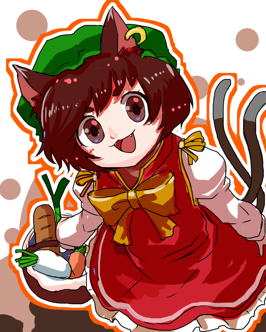 1girl absurdres animal_ear_fluff animal_ears bangs basket blush bow bowtie bread brown_eyes brown_hair carrot cat_ears cat_girl cat_tail chen commentary_request cowboy_shot daikon dress earrings fangs flat_chest food frilled_dress frills green_headwear hat highres holding holding_basket jewelry jonasan_(bad-t) leek long_sleeves looking_at_viewer medium_hair mob_cap multiple_tails nekomata one-hour_drawing_challenge open_mouth orange_outline radish red_dress shirt short_hair single_earring sleeveless sleeveless_dress smile solo tail touhou two_tails white_background white_shirt yellow_bow yellow_bowtie