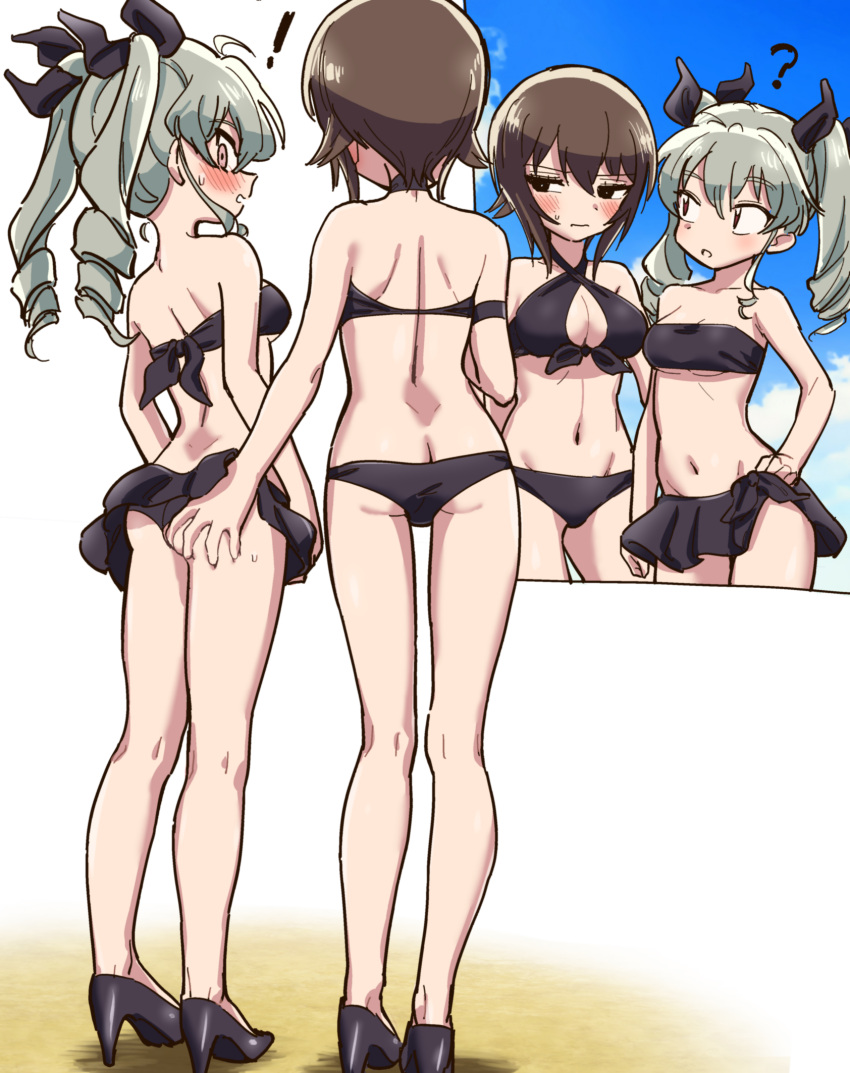 anchovy_(girls_und_panzer) ass ass_grab bikini black_bikini eisu_(eith) flat_ass girls_und_panzer high_heels highres nishizumi_maho swimsuit yuri