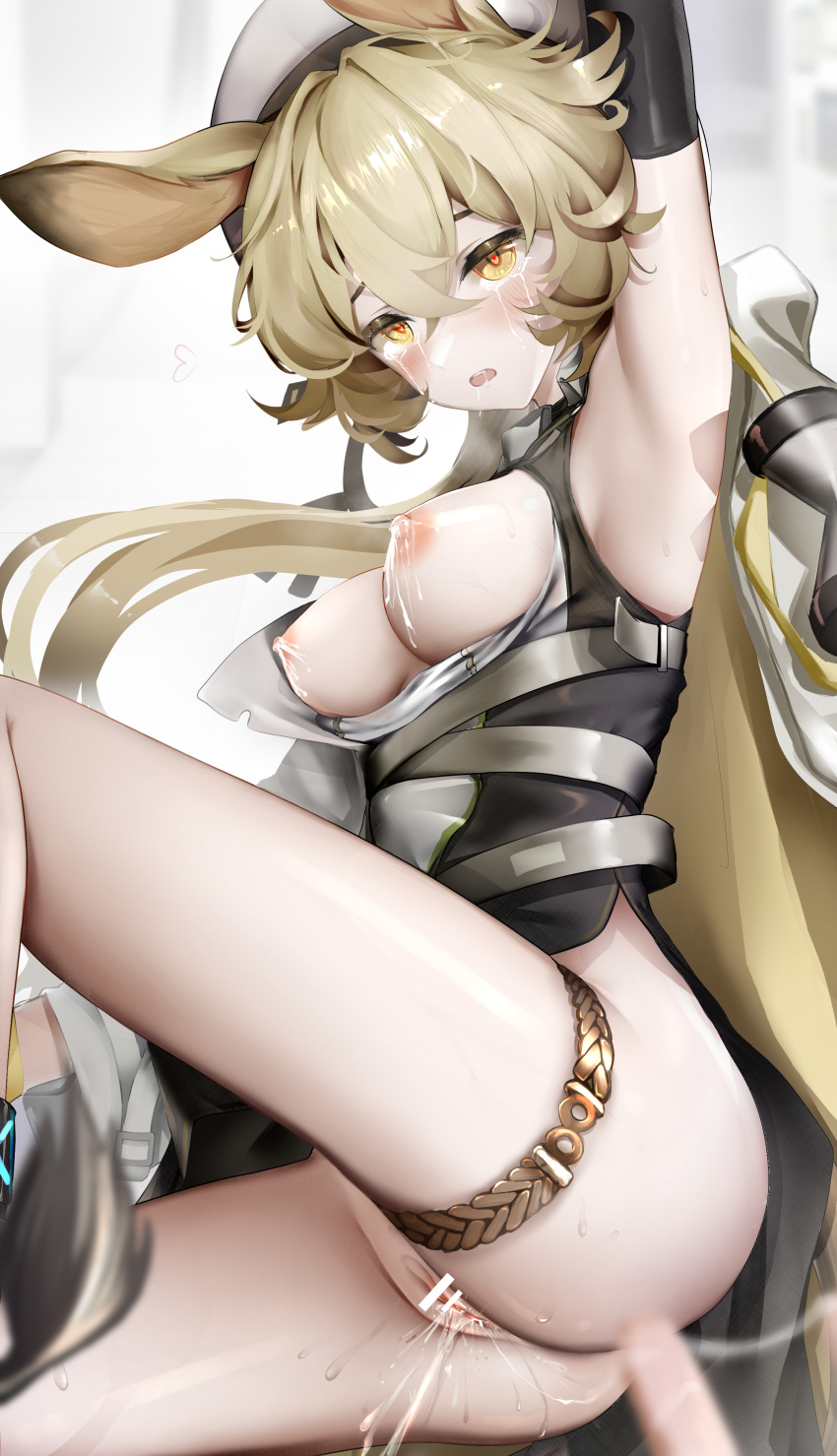 1girl absurdres after_fingering animal_ears arknights arm_up bar_censor black_gloves black_shirt blonde_hair blurry blurry_foreground bottomless breasts breasts_out censored crying crying_with_eyes_open dorothy_(arknights) elbow_gloves female_ejaculation gloves hair_between_eyes hat heart heart-shaped_pupils highres lactation long_hair looking_at_viewer medium_breasts mouse_ears mouse_girl nipples nopetroto open_clothes open_mouth open_shirt pussy pussy_juice pussy_juice_trail revision saliva shirt simple_background solo_focus symbol-shaped_pupils tears thigh_strap two-tone_shirt very_long_hair white_background white_headwear white_shirt yellow_eyes