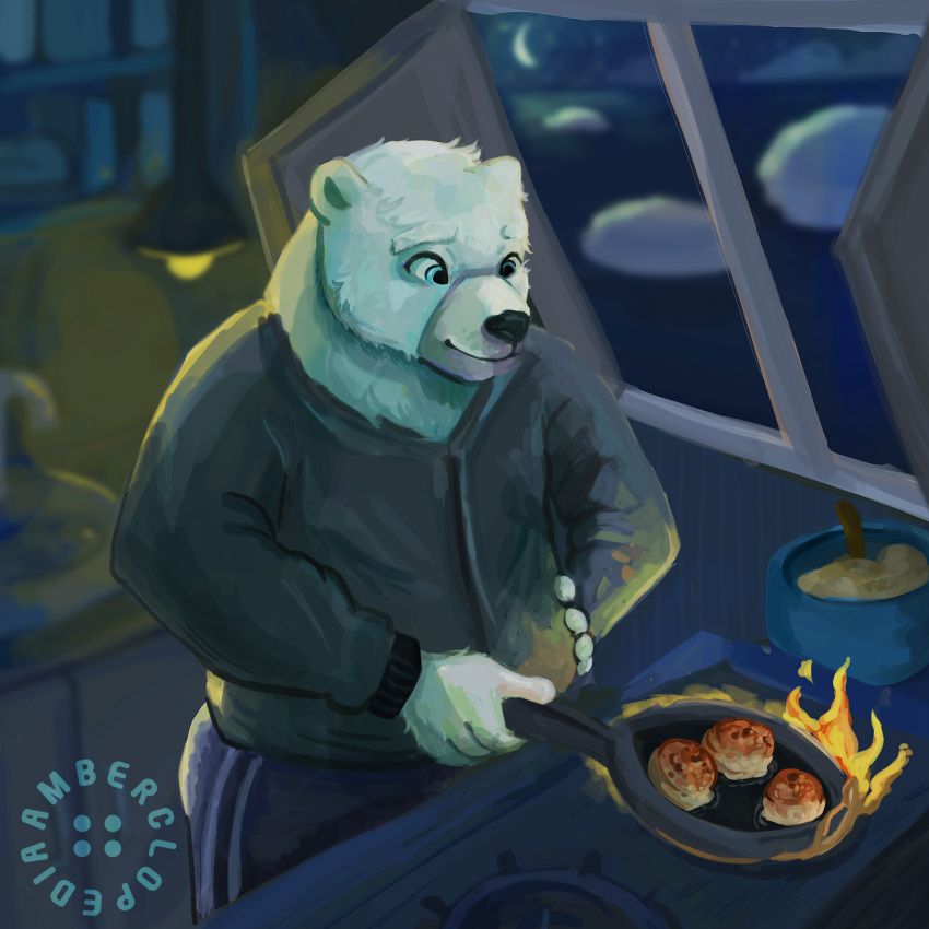 amberclopedia appliance blue_eyes bowl chin clothed clothing container cooking cookware faucet frying_pan fully_clothed fur hi_res humanoid inside kitchen kitchen_utensils lamp male mammal moon night polar_bear solo stove tools ursid ursine white_body white_fur