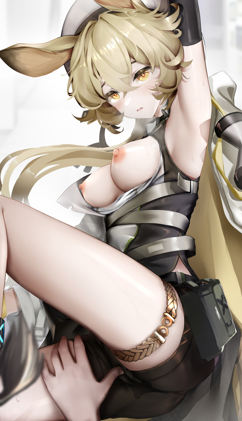 1girl absurdres animal_ears arknights arm_up black_gloves black_shirt black_shorts blonde_hair breasts breasts_out covered_nipples dorothy_(arknights) elbow_gloves fingering fingering_through_clothes gloves hair_between_eyes hat highres long_hair looking_at_viewer medium_breasts mouse_ears mouse_girl nipples nopetroto open_mouth pussy_juice revision see-through see-through_shirt shirt shorts simple_background solo_focus thigh_strap through_clothes two-tone_shirt very_long_hair white_background white_headwear white_shirt yellow_eyes