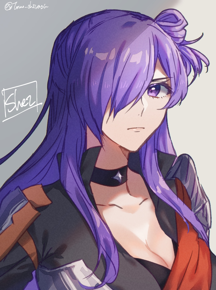 1girl armor asymmetrical_clothes bangs breasts cape choker cleavage close-up closed_mouth face fire_emblem fire_emblem:_three_houses fire_emblem_warriors:_three_hopes hair_bun hair_over_one_eye highres large_breasts long_hair looking_at_viewer nintendo purple_eyes purple_hair shez_(fire_emblem) shez_(fire_emblem)_(female) simple_background single_hair_bun solo tomo_shirasu upper_body white_background