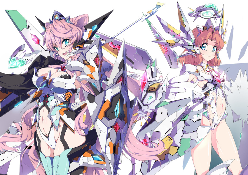 2girls absurdres adapted_costume alternate_costume aqua_eyes armor armored_leotard breasts cleavage clothing_cutout halo highres long_hair maria_cadenzavna_eve medium_hair metal_hairband metal_wings mochi_hanpen multiple_girls navel navel_cutout orange_hair pink_hair pointy_hair senki_zesshou_symphogear serena_cadenzavna_eve symphogear_pendant