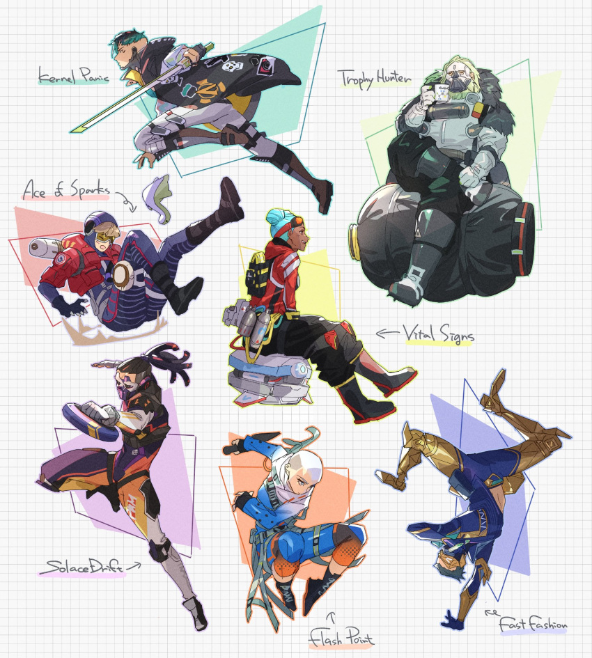 3girls 4boys ace_of_sparks_wattson apex_legends bald bald_girl bangs biwon_blade black_footwear black_gloves black_pants blue_jacket bodysuit boots brown_hair caustic_(apex_legends) closed_eyes crypto_(apex_legends) cup d.o.c._health_drone dark-skinned_female dark_skin double_bun fade_(apex_legends) falling fast_fashion_octane flashpoint_wraith gas_mask gloves goggles goggles_on_head gradient gradient_jacket green_hair grey_gloves hair_bun handstand highres holding holding_sword holding_weapon jacket kernel_panic_crypro looking_down mask mug multiple_boys multiple_girls nessie_(respawn) non-humanoid_robot octane_(apex_legends) official_alternate_costume open_mouth pants purple_bodysuit purple_headwear red_jacket red_vest robot sitting smile solace_drift_fade stuffed_toy sword thundergotch trophy_hunter_caustic vest vital_signs_lifeline wattson_(apex_legends) weapon