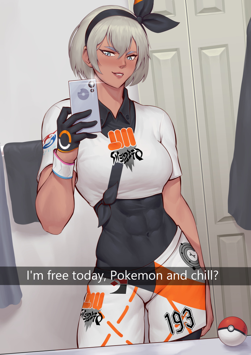 1girl absurdres bathroom bea_(pokemon) black_bodysuit black_gloves black_hairband bodysuit bodysuit_under_clothes bow_hairband breasts cellphone collared_shirt contrapposto covered_abs covered_navel crop_top dark-skinned_female dark_skin dynamax_band english_commentary english_text gloves grey_eyes grey_hair hairband highres holding holding_phone looking_down medium_breasts meme mirror muscular muscular_female netflix_and_chill_(meme) nose phone pokemon pokemon_(game) pokemon_swsh print_shirt print_shorts selfie shirt short_hair short_sleeves shorts single_glove smartphone snapchat solo speedl00ver standing thick_eyebrows tied_shirt