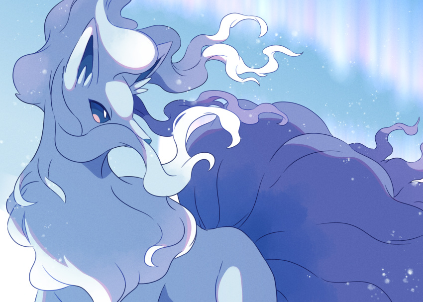 alolan_ninetales animal_ear_fluff aurora blue_eyes bright_pupils commentary_request grey_background highres ktyon3 looking_back no_humans pokemon pokemon_(creature) solo white_fur white_pupils