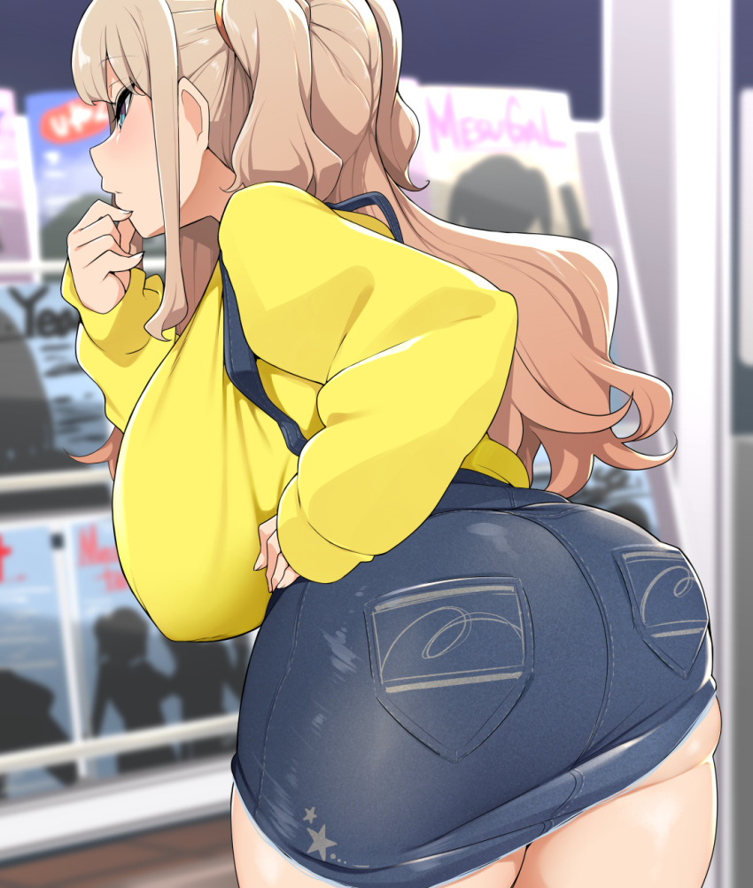 1girl ass bebebe_(pepegakii) blonde_hair breasts denim denim_skirt from_behind highres huge_breasts kousaka_airi_(bebebe) long_hair magazine_rack oppai_loli original shirt short_twintails shortstack skirt skirt_rolled_up sleeves_past_wrists solo suspenders twintails two_side_up yellow_shirt