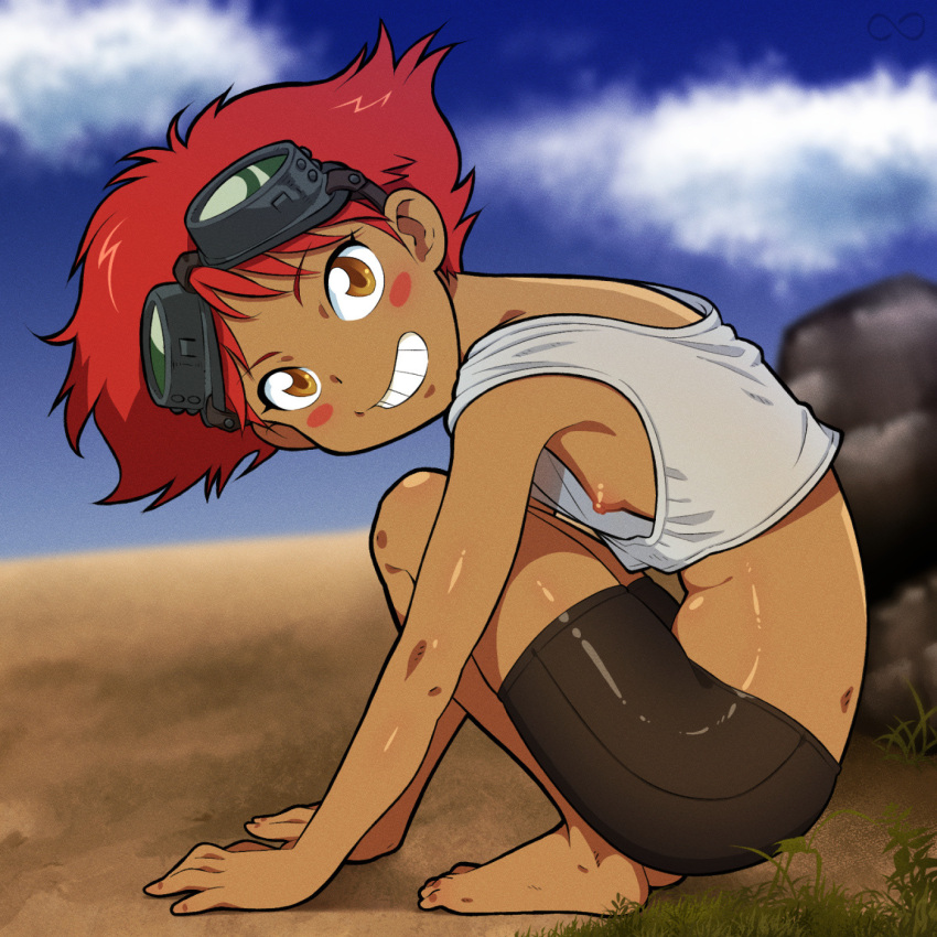 1girl 8anon barefoot bike_shorts blue_sky blush_stickers cloud cloudy_sky cowboy_bebop dark-skinned_female dark_skin edward_wong_hau_pepelu_tivrusky_iv feet highres nipple_slip nipples sky tan