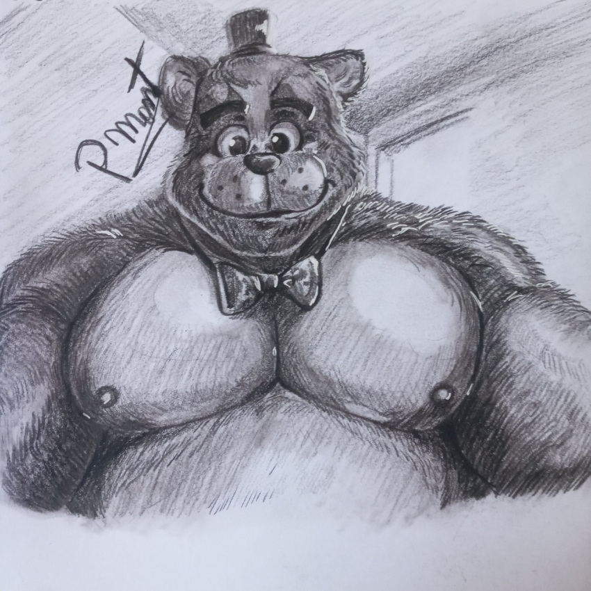 anthro bow_tie clothing five_nights_at_freddy's freddy_(fnaf) hat headgear headwear hi_res looking_at_viewer male mammal nipples pinumontbalou scottgames solo top_hat ursid video_games