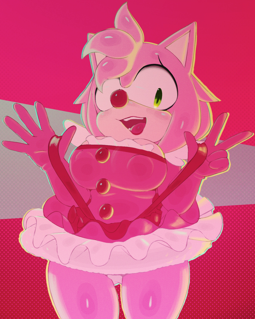 2022 5_fingers ace_attorney amy_rose anthro big_breasts breasts capcom clothed clothing clown clown_costume clown_nose cosplay crossover dress eulipotyphlan female fingers geiru_toneido gloves green_eyes handwear hedgehog hi_res looking_at_viewer mammal nipple_outline open_mouth open_smile panties pink_body sega simple_background sinrizuki smile solo sonic_the_hedgehog_(series) underwear video_games