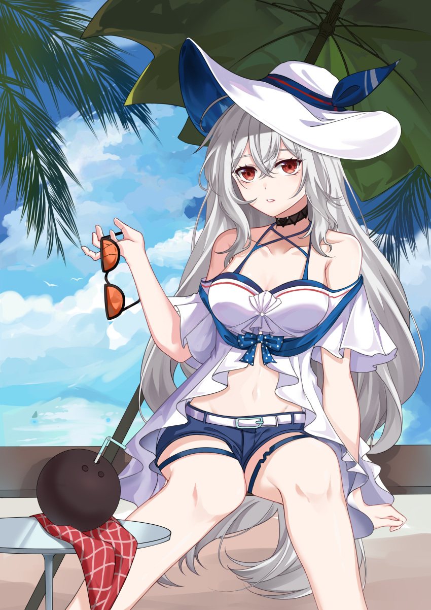 1girl absurdres arknights bangs bare_shoulders beach_umbrella bench black-framed_eyewear black_choker blue_shorts blush breasts choker cleavage cloud cloudy_sky coconut collarbone criss-cross_halter day drinking_straw eyewear_removed feet_out_of_frame grey_hair halterneck hat highres long_hair medium_breasts navel off-shoulder_shirt off_shoulder official_alternate_costume orange-tinted_eyewear outdoors palm_tree parted_lips red_eyes shirt short_shorts shorts sitting skadi_(arknights) skadi_(waverider)_(arknights) sky solo stomach sun_hat sunglasses table thigh_strap tinted_eyewear tree umbrella very_long_hair white_headwear xuan_xuan_xuan_za