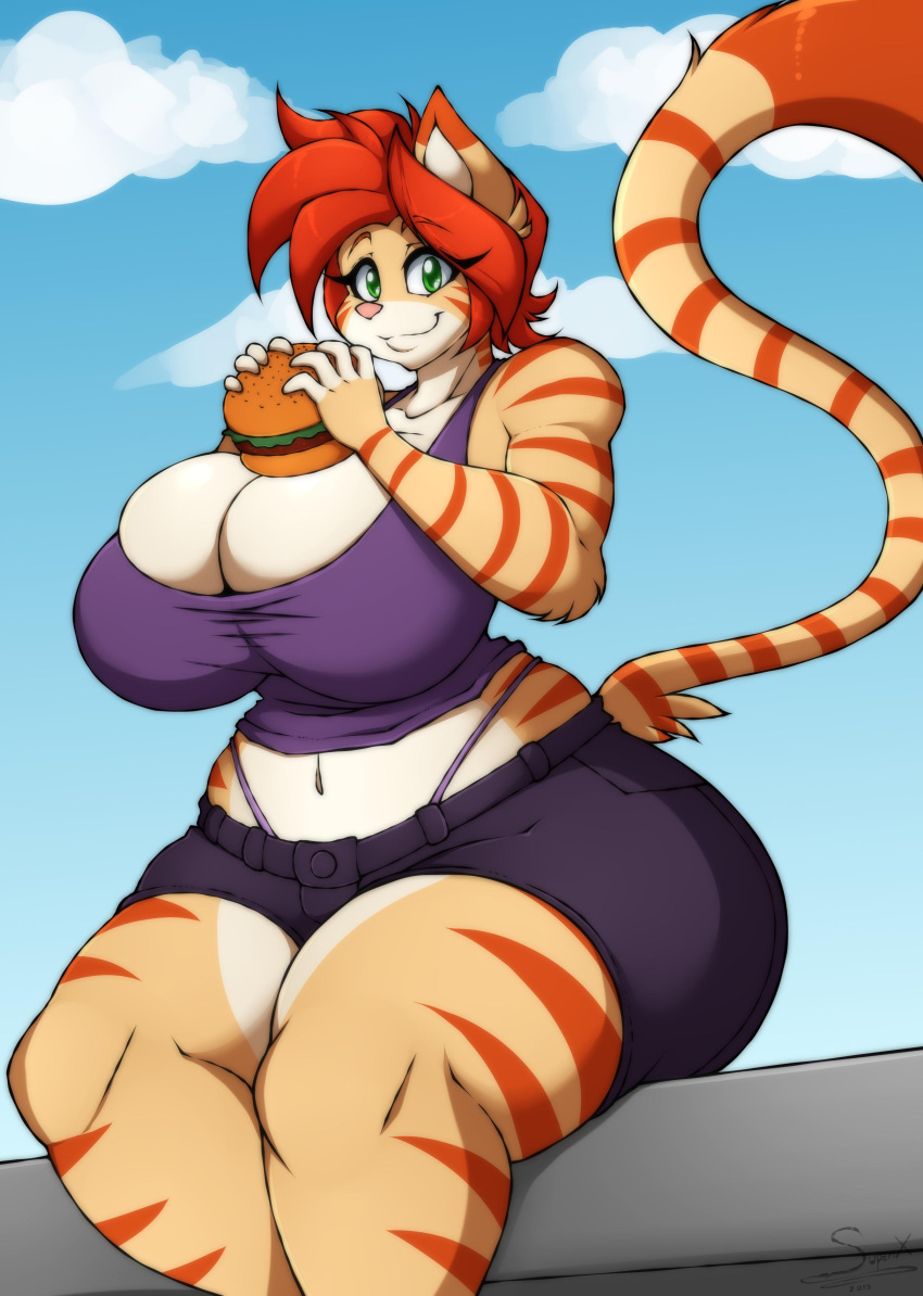 2019 absurd_res anthro artist_name big_breasts bottomwear breast_squish breasts burger cleavage clothed clothing crop_top curvaceous curvy_figure denim denim_bottomwear denim_clothing detailed_background digital_drawing_(artwork) digital_media_(artwork) domestic_cat eyelashes felid feline felis female food fur green_eyes hair hi_res hourglass_figure huge_breasts long_tail looking_at_viewer loree mammal markings midriff multicolored_body multicolored_fur navel orange_body orange_fur orange_stripes outside red_hair shirt short_hair shorts signature sitting small_waist smile solo squish striped_body striped_fur striped_markings striped_tail stripes superix tail_markings tan_body tan_fur thick_thighs thong thong_straps topwear underwear voluptuous wide_hips