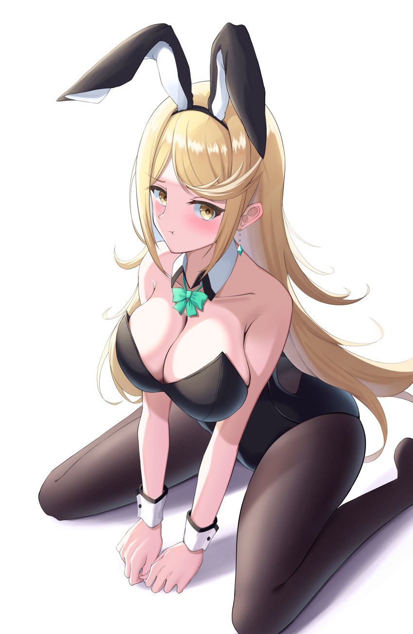 1girl :t absurdres animal_ears bangs bare_shoulders black_headwear black_legwear black_leotard blonde_hair bow bowtie breasts detached_collar fake_animal_ears green_bow green_bowtie hands_on_floor highres large_breasts leotard long_hair mythra_(xenoblade) no_shoes okazu2010015 pantyhose playboy_bunny pout rabbit_ears sitting solo strapless strapless_leotard swept_bangs very_long_hair wariza wrist_cuffs xenoblade_chronicles_(series) xenoblade_chronicles_2 yellow_eyes