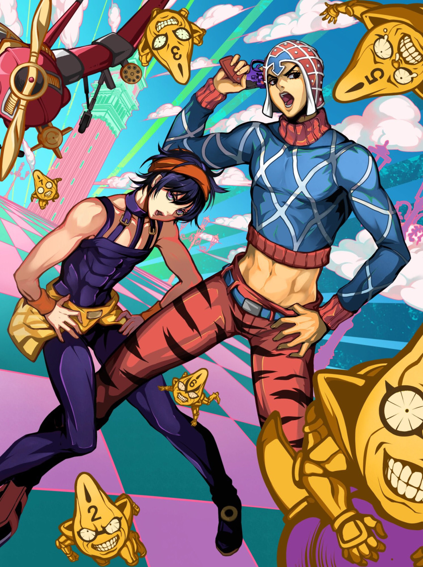 2boys abs aerosmith_(stand) aircraft animal_print argyle belt black_hair black_pants black_shirt blue_shirt checkered_floor clock clock_tower cloud cloudy_sky cropped_sweater crying full_body guido_mista gun hair_between_eyes hairband halu-ca hand_on_hip handgun hands_on_hips hat highres holding holding_gun holding_weapon jojo_no_kimyou_na_bouken long_sleeves looking_at_viewer looking_to_the_side lower_teeth midriff multiple_boys muscular muscular_male narancia_ghirga open_mouth orange_hairband over_shoulder pants revolver sex_pistols_(stand) shirt shoes short_hair shouting sky sweater tank_top tears teeth tiger_print tight tight_pants tight_shirt tower turtleneck turtleneck_sweater upper_teeth vento_aureo weapon weapon_over_shoulder wristband