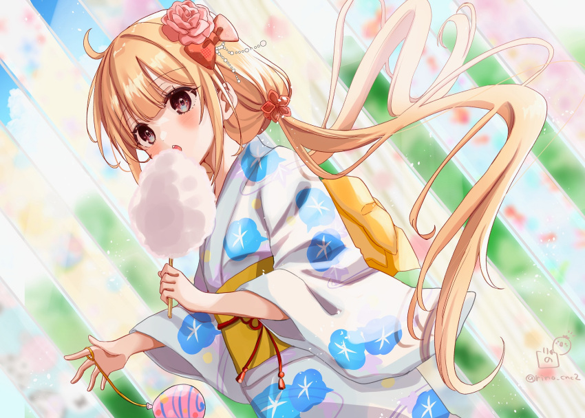 1girl :o bangs blonde_hair blush bow brown_hair cotton_candy eating falling_petals flower food futaba_anzu hair_bow hair_flower hair_ornament highres holding holding_food idolmaster idolmaster_cinderella_girls idolmaster_cinderella_girls_starlight_stage imminent_bite japanese_clothes kimono light_rays long_hair looking_at_viewer low_twintails obi outdoors petals rino_cnc sash signature solo twintails very_long_hair water_yoyo yukata