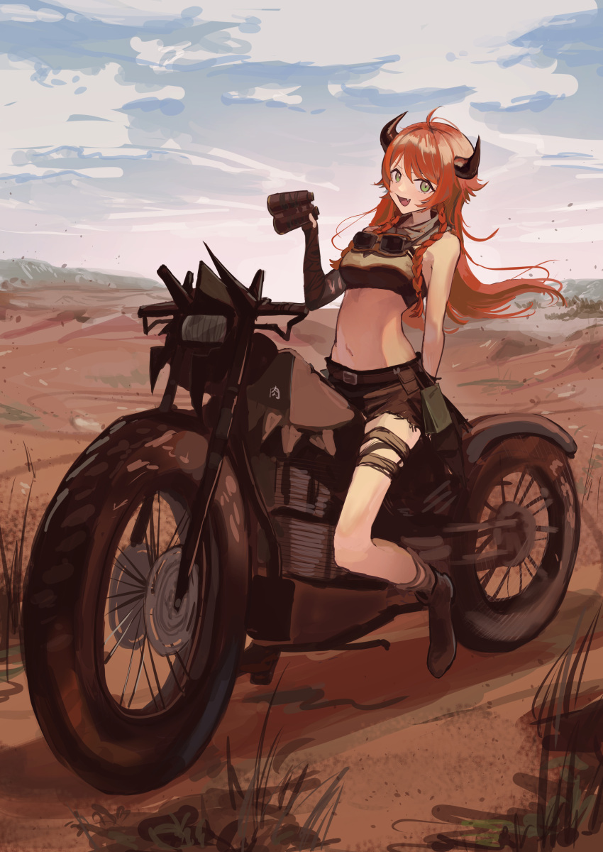 1girl absurdres arknights binoculars black_bandeau black_shorts braid cloud cloudy_sky cow_horns croissant_(arknights) croissant_(seeker)_(arknights) day desert fang goggles green_eyes ground_vehicle highres holding holding_binoculars horns long_hair midriff motor_vehicle motorcycle natsuba002 navel official_alternate_costume open_mouth orange_hair outdoors shorts sky solo