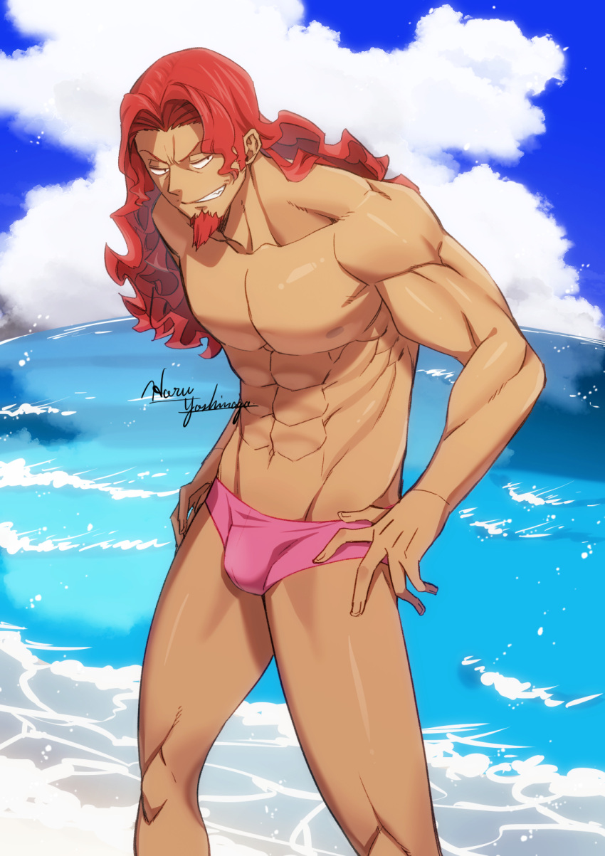 1boy abs bara beach bulge cloud collarbone commentary_request cowboy_shot curtained_hair facial_hair goatee highres long_hair looking_to_the_side male_swimwear mega_man_(series) mega_man_battle_network muscular muscular_male narrowed_eyes ocean pectorals pink_swimsuit red_facial_hair red_hair signature smirk solo swim_briefs swimsuit tan very_long_hair yoshinaga_haru