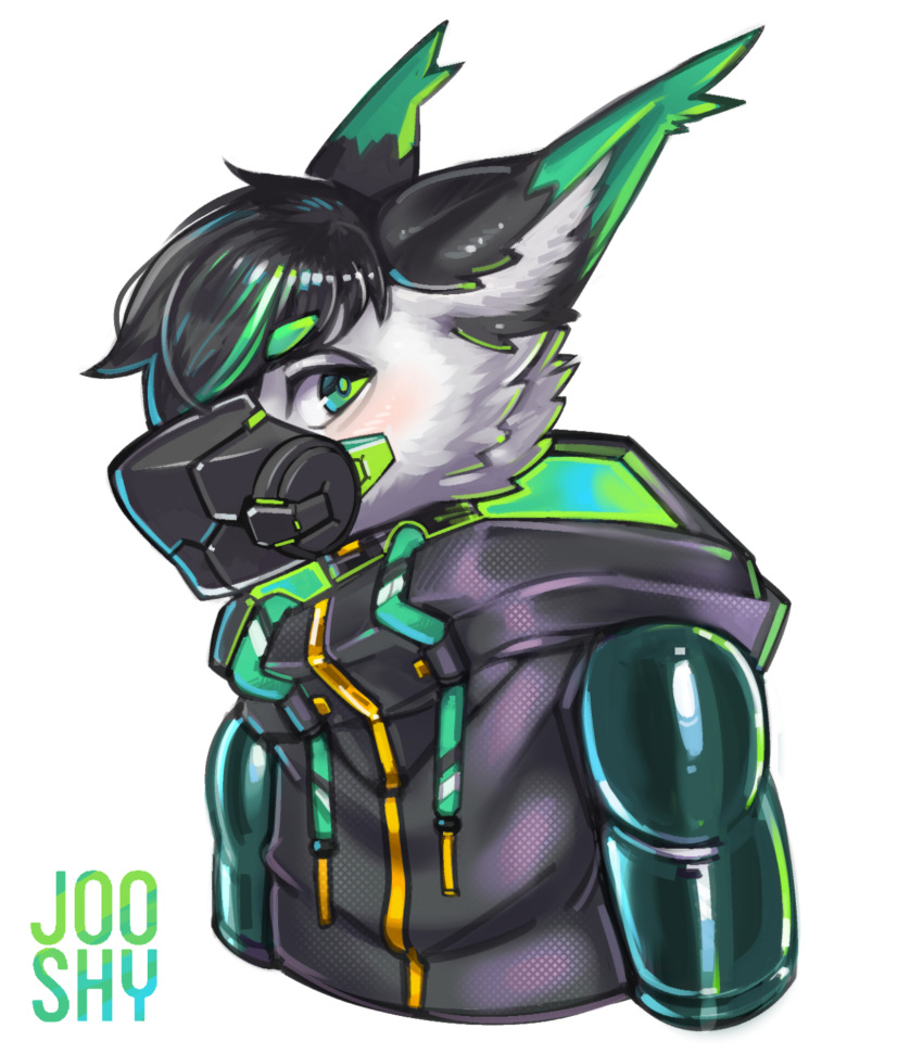 2020 anthro black_body black_clothing black_collar black_fur black_hair black_hoodie black_topwear clothing collar dipstick_ears eyebrows face_mask fur green_body green_eyebrows green_eyes green_fur hair hi_res hoodie jooshy jooshy_pawbsy latex latex_armwear looking_at_viewer male mammal multicolored_body multicolored_ears multicolored_fur rubber rubber_armwear simple_background solo topwear unknown_species white_background white_body white_fur