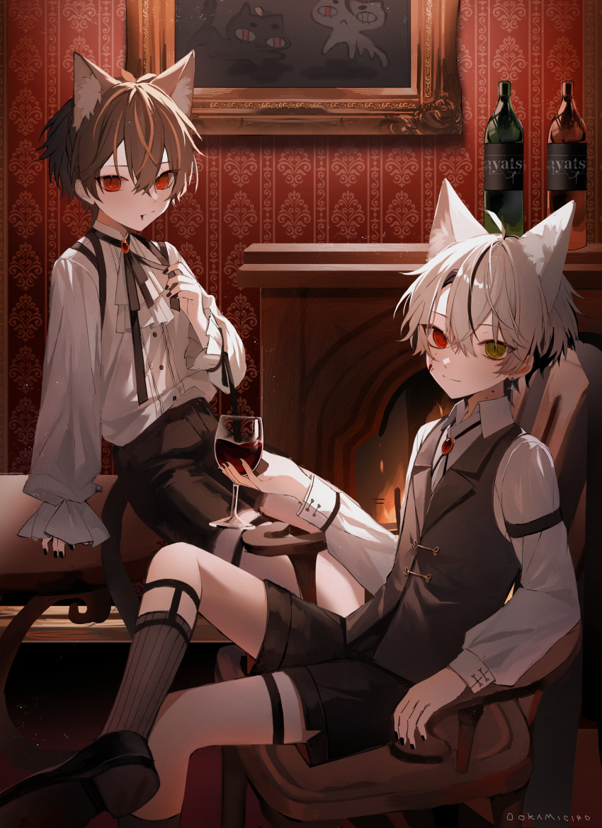 2boys absurdres ahoge alcohol animal_ear_fluff animal_ears armband armchair artist_self-insert black_hair black_ribbon blood blood_on_face bottle brooch cat cat_ears cat_tail chair coffee_table cup drinking_glass fire fireplace frilled_shirt frilled_shirt_collar frilled_sleeves frills gem green_eyes grey_hair heterochromia highres indie_virtual_youtuber jewelry legband legwear_garter lounge_chair male_focus multicolored_hair multiple_boys nail_polish necklace ookami_ciro ookami_ciro_(character) otozuki_teru_(vtuber) painting_(object) puffy_sleeves red_eyes red_gemstone ribbon shirt shoes short_hair shorts sleeve_cuffs socks streaked_hair tail wallpaper_(object) wine wine_bottle wine_glass
