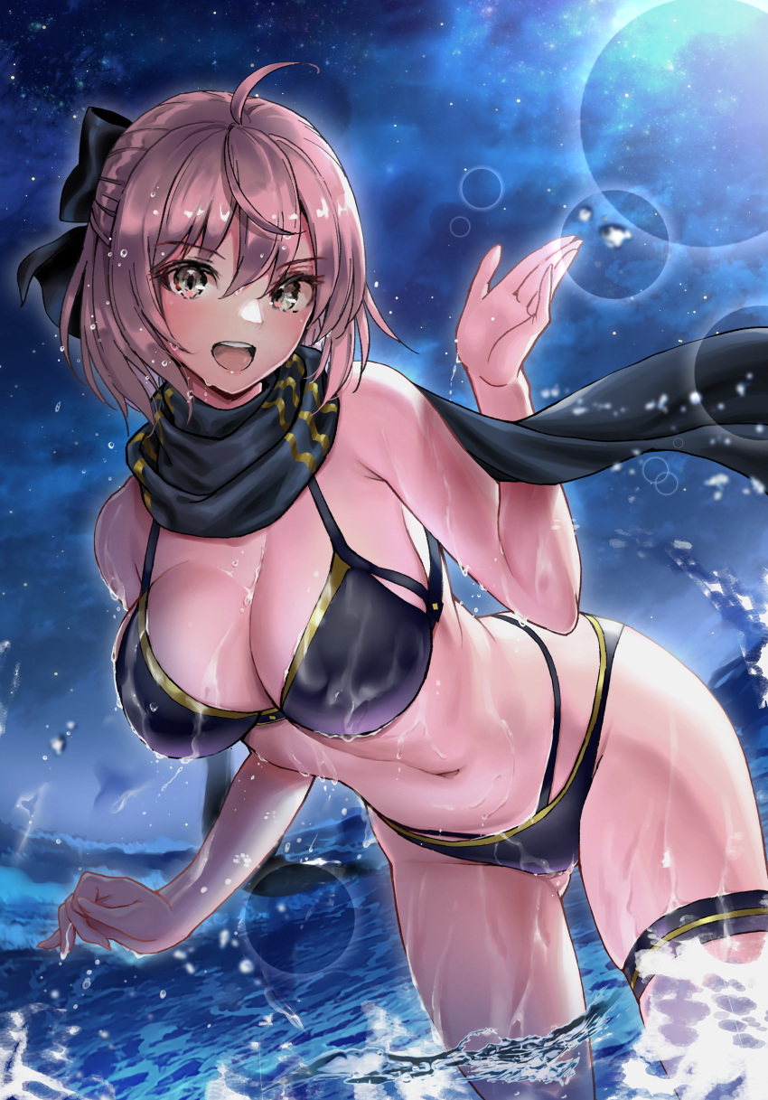 1girl absurdres ahoge bangs bare_shoulders bikini black_bikini black_bow black_gloves black_scarf blonde_hair blush bow breasts cleavage elbow_gloves fate/grand_order fate_(series) gloves hair_bow half_updo highleg highleg_bikini highres large_breasts looking_at_viewer multi-strapped_bikini navel night night_sky ocean okita_j._souji_(fate) okita_souji_(fate) open_mouth scarf short_hair single_glove sky smile solo stomach suishougensou swimsuit thigh_strap thighs wading wet wristband yellow_eyes
