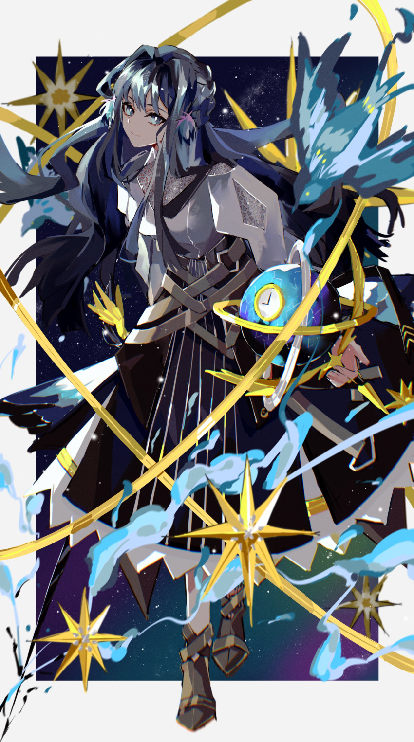 1girl absurdres arknights astesia_(arknights) bird blue_eyes blue_hair blue_skirt bright_pupils celestial_sphere chromatic_aberration dress full_body gold_trim highres holding holding_sword holding_weapon hryc2344 layered_dress leaning_forward long_hair looking_at_viewer orbital_ring orbited out_of_frame ribbon shirt shoes skirt smile solo standing star_(sky) star_(symbol) sword weapon white_pupils white_shirt white_skirt