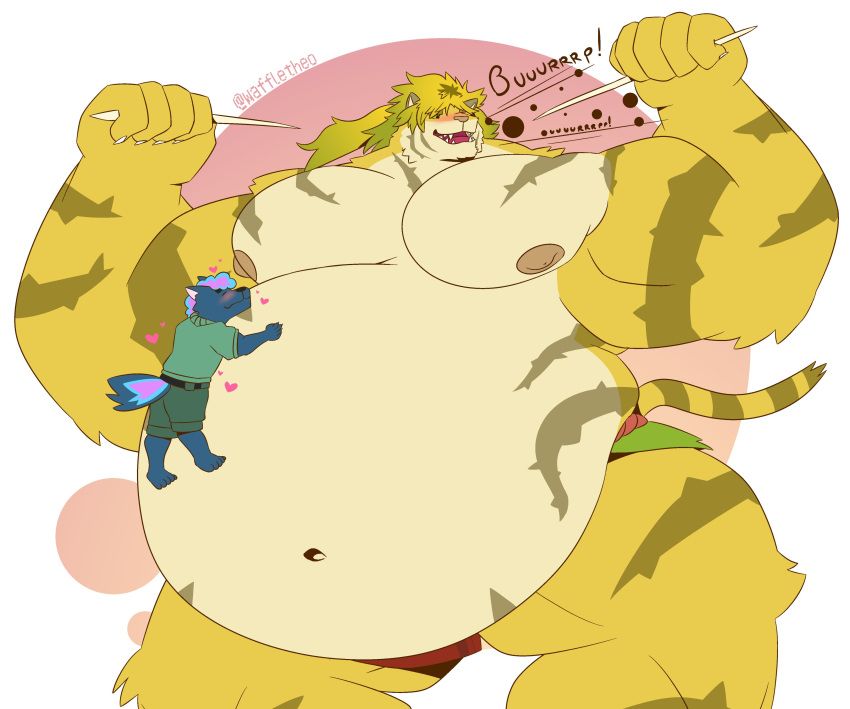 &lt;3 5_fingers 5_toes absurd_res anthro belly belly_expansion belly_grab big_belly big_muscles big_nipples bloated blue_body blue_fur blush bottomwear burping canid canine canis clothing cream_belly domestic_dog duo eating expansion eyes_closed fangs feet felid fingers fur green_bottomwear green_clothing green_eyes green_shirt green_shorts green_topwear hair hand_on_stomach hands_on_belly hi_res holding_stomach husky jericho_(snives) lifewonders loincloth long_hair love_handles macan_(tas) male mammal markings mostly_nude multicolored_hair musclegut muscular muscular_anthro muscular_male navel nipples nordic_sled_dog open_mouth overweight overweight_anthro overweight_male pantherine pecs pink_nipples red_tongue shirt shorts spitz striped_markings stripes teeth tiger toes tokyo_afterschool_summoners tongue topwear video_games waffletheo yellow_body yellow_fur