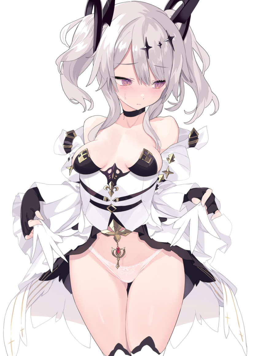 1girl ass_visible_through_thighs azur_lane bare_shoulders black_choker black_gloves blade_(galaxist) breasts breasts_apart choker closed_mouth cowboy_shot dress embarrassed fingerless_gloves gloves grey_hair highres joffre_(azur_lane) long_hair long_sleeves looking_away medium_breasts no_bra off_shoulder panties parted_lips pink_eyes see-through showgirl_skirt solo standing sweatdrop thighhighs thighs twintails underwear white_dress white_legwear white_panties