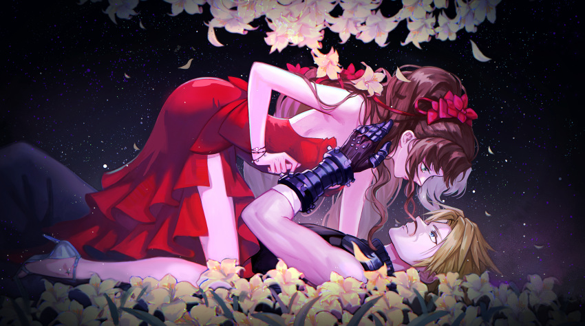 1boy 1girl absurdres aerith_gainsborough armor backless_dress backless_outfit bangs blonde_hair blue_eyes blue_shirt bracelet breasts brown_hair cloud_strife dress final_fantasy final_fantasy_vii final_fantasy_vii_remake flamenco_dress flower flower_bed full_body girl_on_top gloves green_eyes hair_flower hair_ornament hair_ribbon hand_in_another's_hair high_heels highres jewelry long_dress long_hair looking_at_another lying medium_breasts muscular muscular_male official_alternate_costume on_back parted_bangs ponytail red_dress ribbon shirt shoulder_armor sidelocks sleeveless sleeveless_turtleneck spiked_hair strapless strapless_dress turtleneck wavy_hair yaoko yellow_flower
