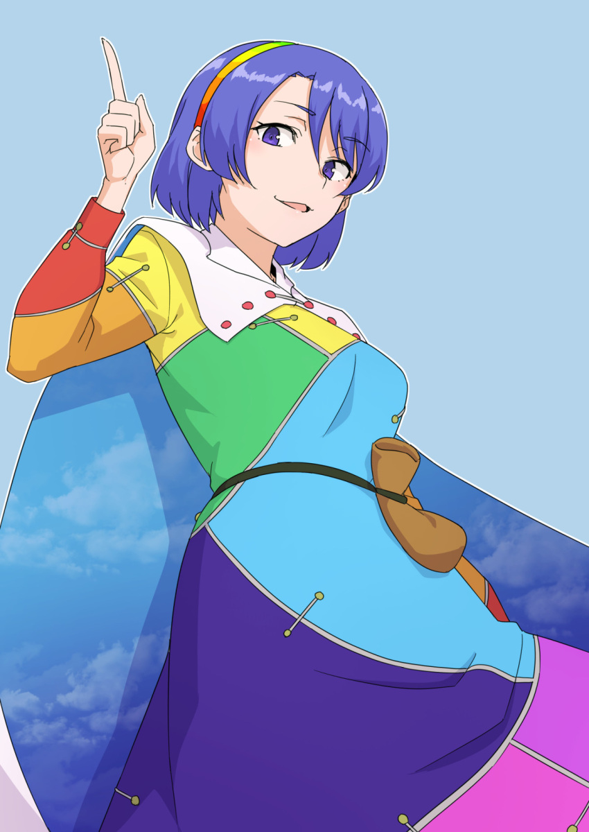 1girl bag bangs blue_background blue_eyes blue_hair cape highres index_finger_raised kakone long_sleeves looking_at_viewer multicolored_clothes multicolored_hairband one-hour_drawing_challenge open_mouth short_hair simple_background solo standing star_(symbol) star_print tenkyuu_chimata touhou