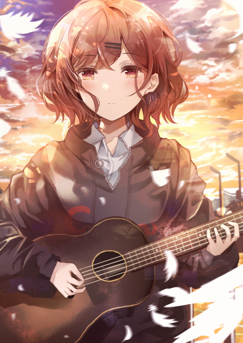 1girl bangs blush brown_eyes brown_hair cloud cloudy_sky collared_shirt drawstring feathers guitar hair_ornament hairclip highres higuchi_madoka holding holding_instrument idolmaster idolmaster_shiny_colors instrument long_sleeves looking_at_viewer namamake outdoors parted_lips shirt short_hair sky solo sunset sweatshirt upper_body white_shirt