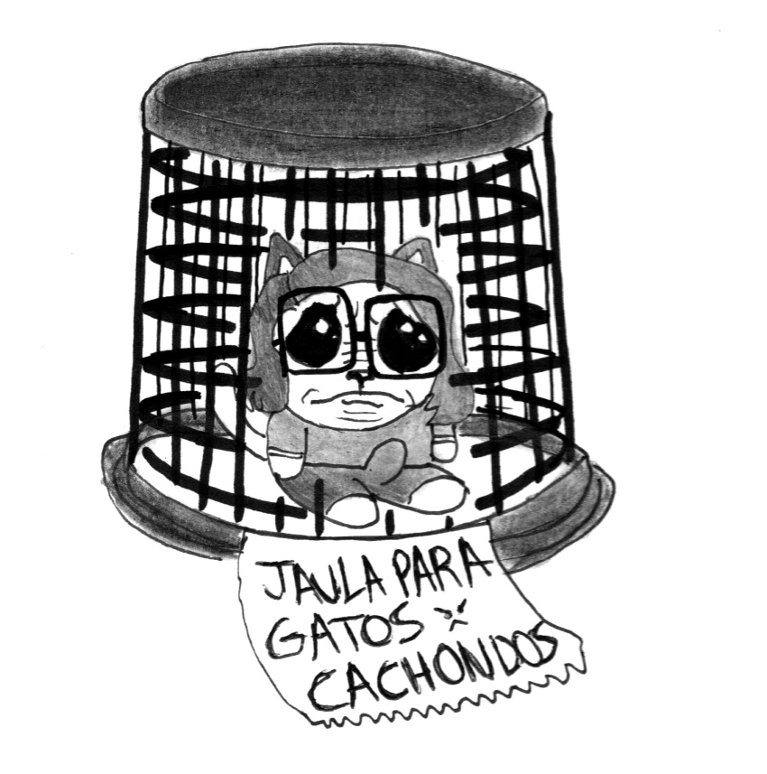 anthro black_hair chibi clothed clothing domestic_cat efradraws efrasona erection erection_under_clothing eyewear felid feline felis glasses graphite_(artwork) hair hi_res humor long_hair male mammal marker_(artwork) pencil_(artwork) prison sad simple_background solo spanish_text text traditional_media_(artwork)