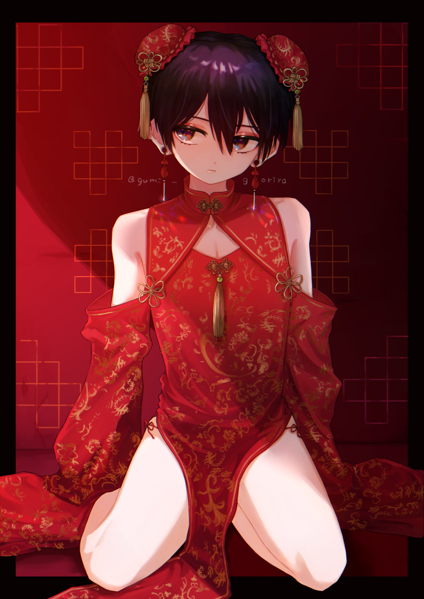 1boy absurdres black_hair brown_eyes china_dress chinese_clothes clothing_cutout crossdressing detached_sleeves dress earrings facing_viewer full_body gumi_gorira highres jewelry looking_to_the_side male_focus original otoko_no_ko short_hair shoulder_cutout sitting sleeves_past_fingers sleeves_past_wrists solo wariza
