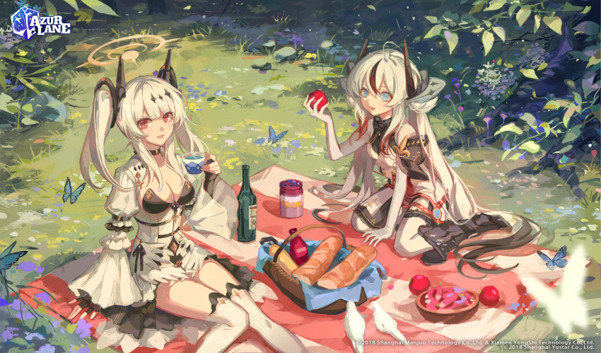 2girls absurdres ahoge animal apple arm_support azur_lane bangs basket bird black_hair blue_eyes boots bottle bread breasts choker cleavage commentary copyright_name day detached_sleeves dove elbow_gloves floating floating_object flower food fruit glass_bottle gloves grass hair_ornament halo highres holding holding_food horns joffre_(azur_lane) knee_boots l'indomptable_(azur_lane) logo long_hair long_sleeves looking_at_viewer medium_breasts multicolored_hair multiple_girls official_art open_mouth outdoors pantyhose picnic red_eyes simple_background sitting smile thighhighs twintails wariza white_gloves white_hair zerotabi1210 zettai_ryouiki