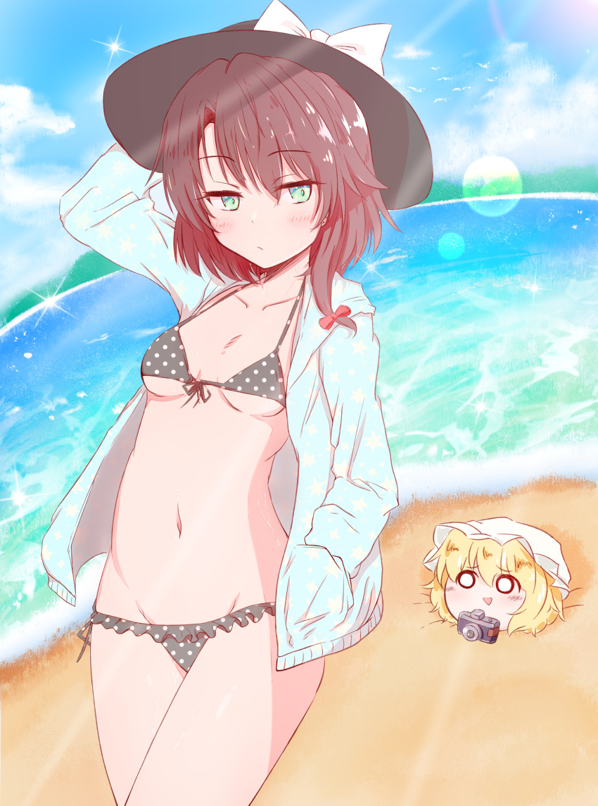 2girls absurdres beach black_headwear blonde_hair bow breasts brown_hair camera collarbone cowboy_shot green_eyes hair_between_eyes hand_in_pocket hand_on_headwear hat hat_bow highres long_sleeves looking_at_another maribel_hearn mob_cap multiple_girls navel ocean ohako_miyu outdoors polka_dot polka_dot_swimsuit small_breasts solid_circle_eyes swimsuit touhou triangle_mouth usami_renko white_bow white_headwear