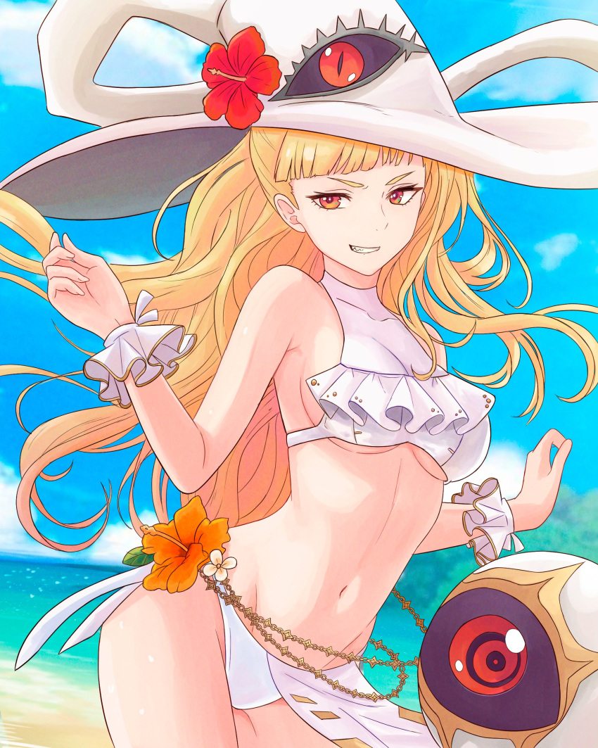 absurdres alternate_costume beach bikini blonde_hair breasts eitri_(fire_emblem) fire_emblem fire_emblem_heroes flower frilled_bikini frills grin hat highres long_hair navel ocean orange_eyes smile swimsuit truejekart underboob