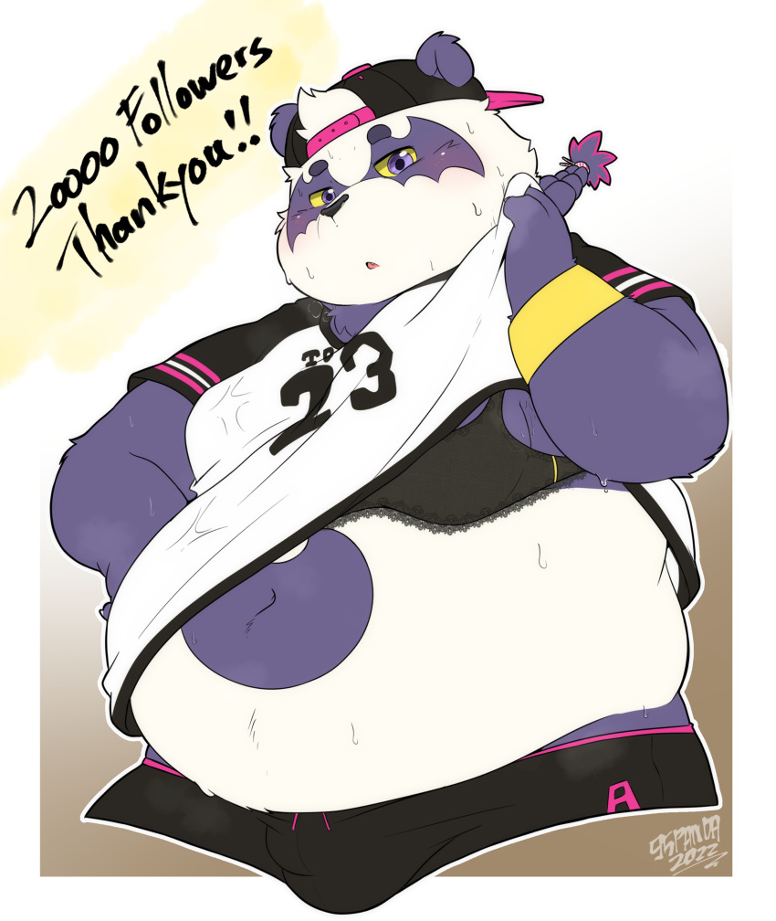 2022 96panda absurd_res alp_(tas) anthro belly big_belly blush bodily_fluids bulge clothed clothing clothing_lift giant_panda hat headgear headwear hi_res humanoid_hands kemono lifewonders male mammal navel overweight overweight_male purple_body shirt shirt_lift solo sweat text tokyo_afterschool_summoners topwear underwear ursid video_games white_body