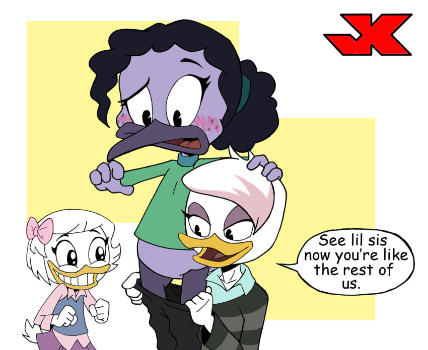 andromorph anthro disney ducktales ducktales_(2017) female female/female group humanoid intersex jk lena_saberwing lena_sabrewing trio violet_sabrewing webby_vanderquack young