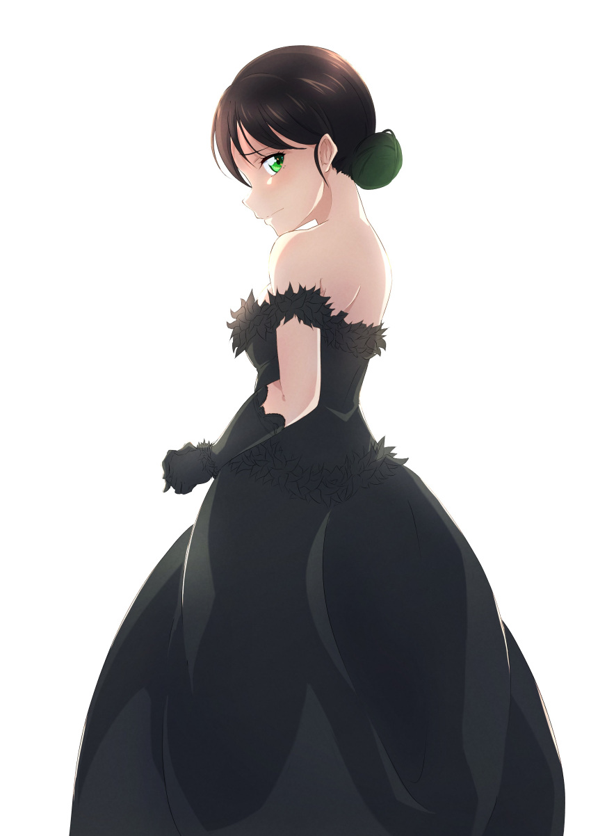 1girl absurdres alternate_hairstyle black_dress black_gloves black_hair blush bride dress gloves green_eyes green_hair hair_bun hair_down highres long_dress looking_at_viewer looking_back love_live! love_live!_nijigasaki_high_school_idol_club multicolored_hair open_mouth short_hair solo strapless strapless_dress takasaki_yuu wedding wedding_dress zasshoku_ojisan