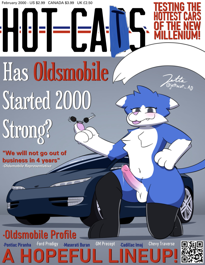 2000s absurd_res anthro balls belly blue_body blue_fur bodily_fluids cadillac car chevrolet clothing cover cum cum_drip domestic_cat dripping felid feline felis fluffy ford fur general_motors genital_fluids genitals girly grey_eyes hi_res jetta_(jettacat) jettacat leggings legwear looking_at_viewer looking_down low-angle_view magazine magazine_cover male mammal maserati navel oldsmobile oldsmobile_profile penis pontiac precum qr_code satire smile smirk solo teeth thong underwear vehicle wide_hips