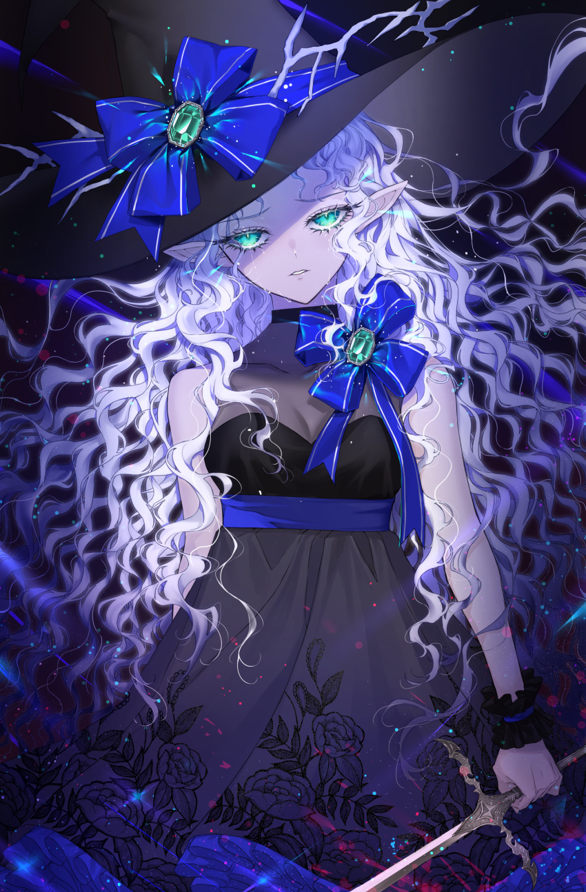 1girl blue_eyes chocolate4170615 colored_skin crying crying_with_eyes_open dress green_eyes grey_hair grey_skin hat highres long_hair looking_at_viewer multicolored_hair original sleeveless sleeveless_dress solo tears very_long_hair wavy_hair white_hair witch_hat